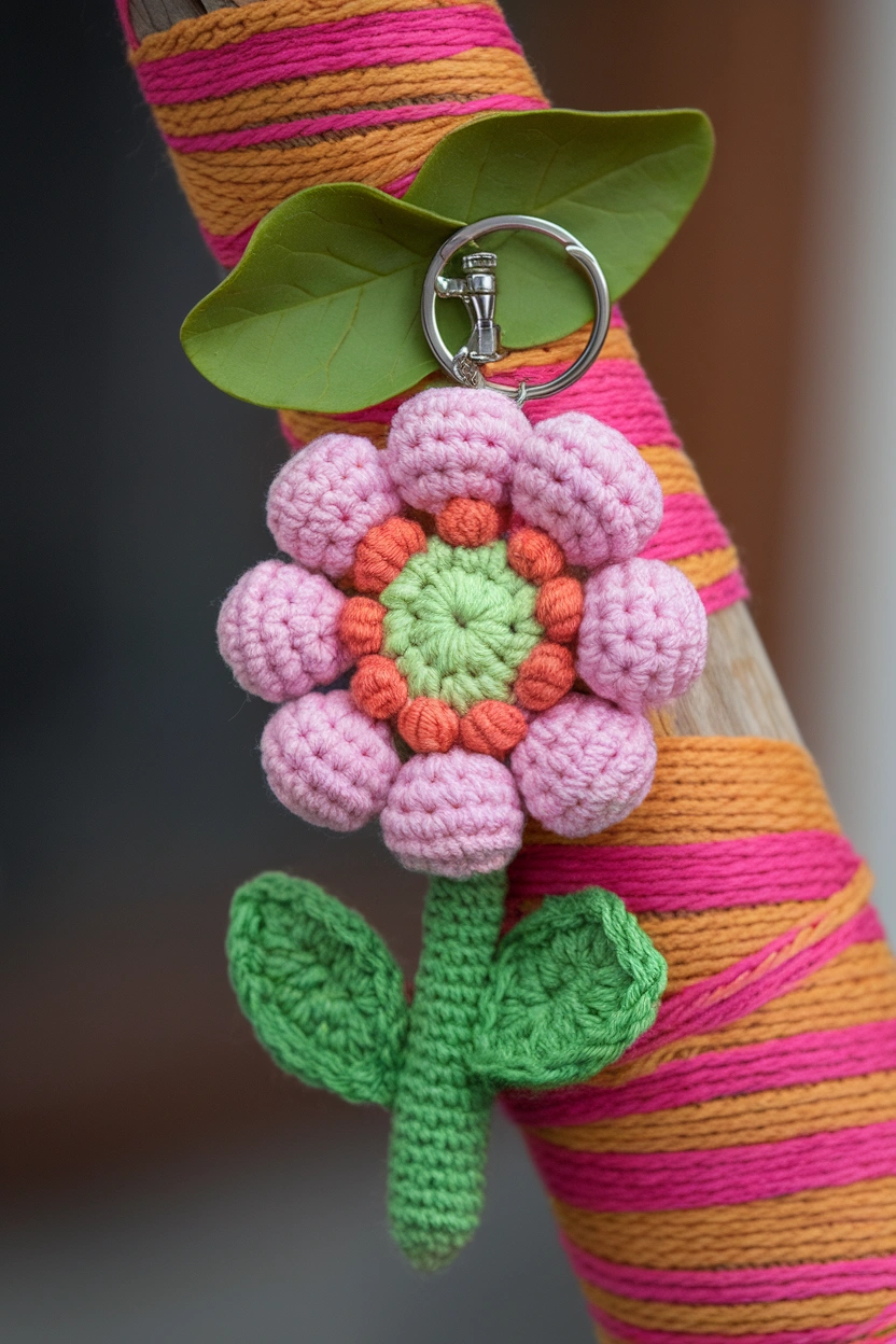 A crocheted flower keychain with a bobbl BdGeqw3mUe 3Ad9pETTnoQ PFl7UconTuO1qGUc1F0CTw
