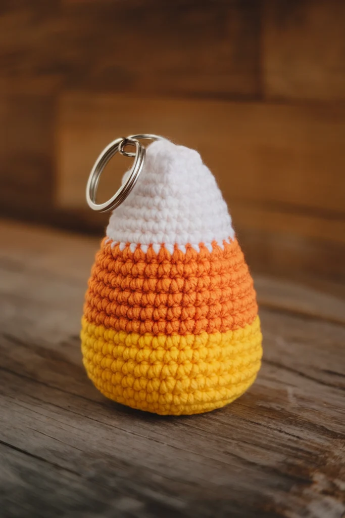 A photo of a crochet candy corn keychain qwR6 G rUqKRmhpBsXtwqA fCaPmIHcSd66H7d5KZMh5Q