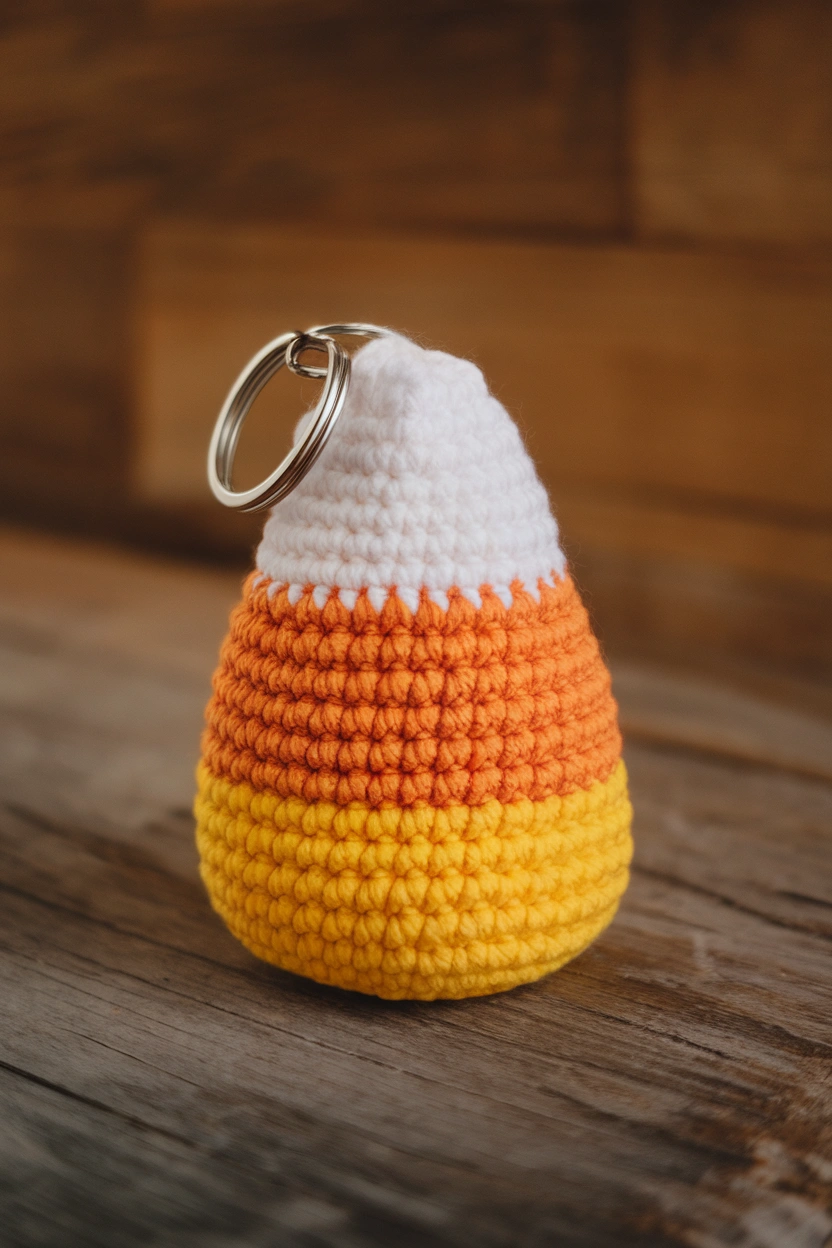 A photo of a crochet candy corn keychain qwR6 G rUqKRmhpBsXtwqA fCaPmIHcSd66H7d5KZMh5Q
