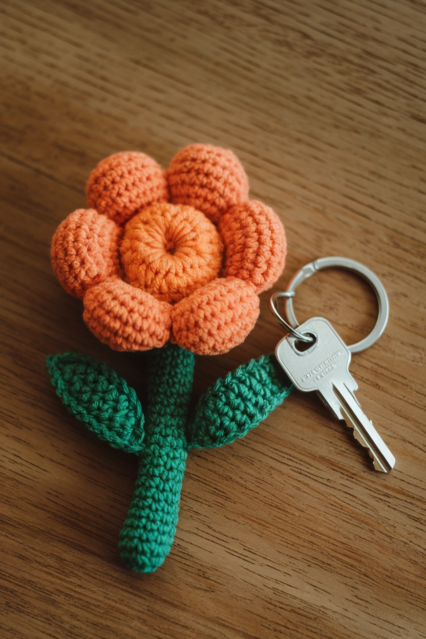 A photo of a crochet flower keychain the t1yWl80jW9SZoRb31DXdug 6D5NsmWaTIGf7kGYcP1t6Q