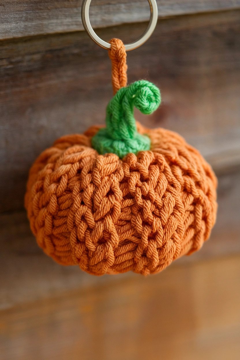 Crochet pumpkin keychain in orange yarn