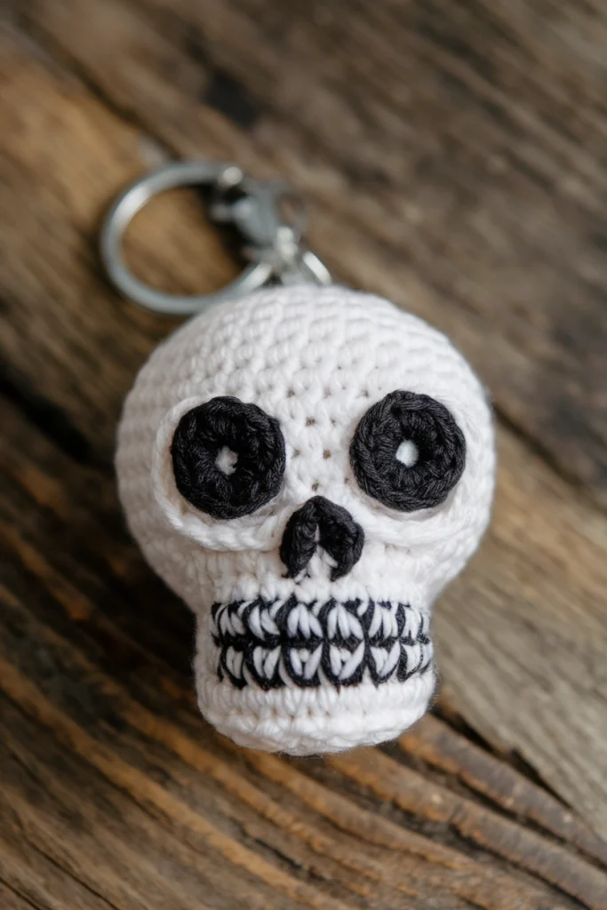 A photo of a crochet skull keychain the n 0nA1nDWCauVJByfkjalQ 1Bm6BUE0Q72PFjmSgVxqVg