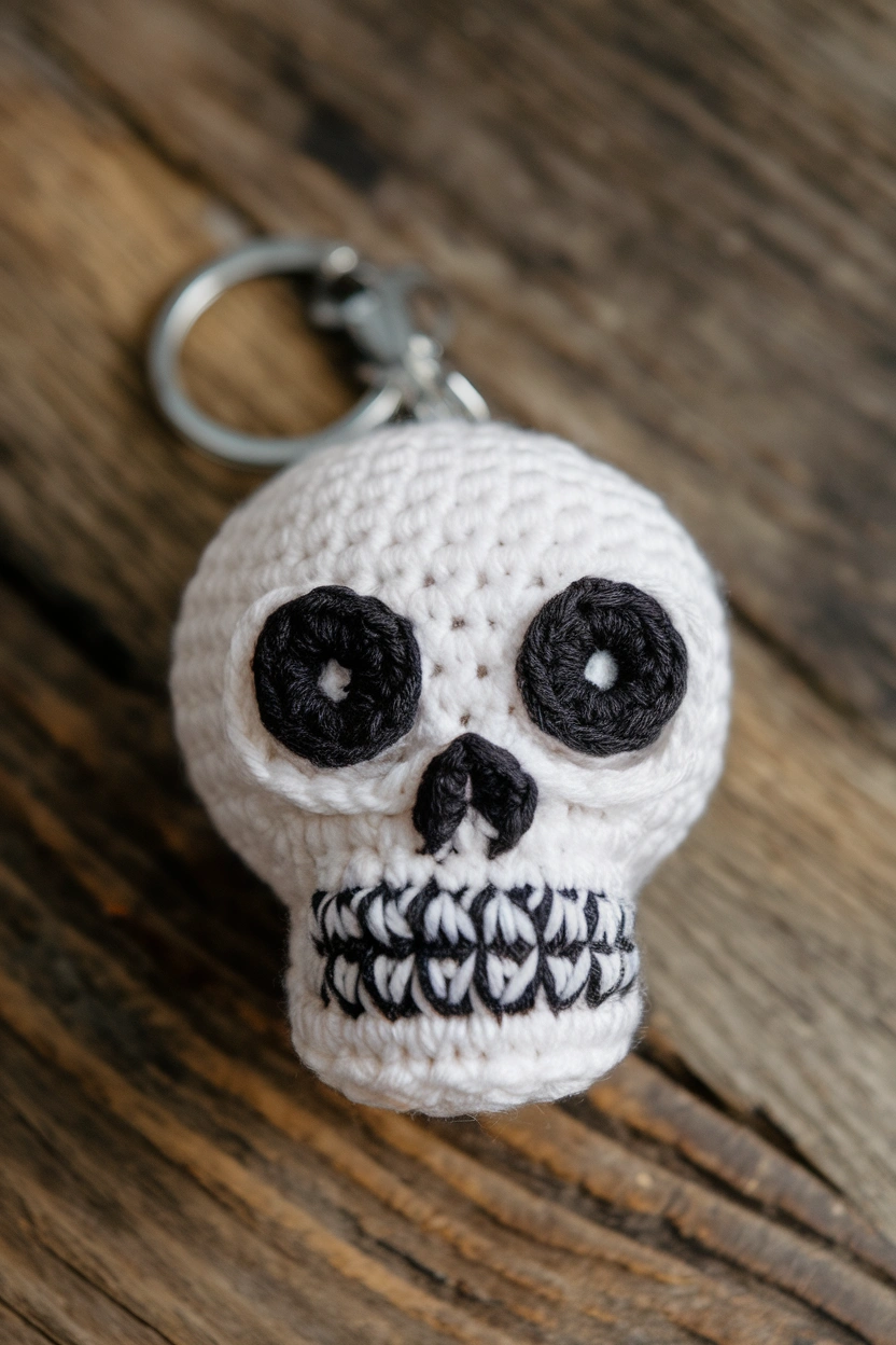 A photo of a crochet skull keychain the n 0nA1nDWCauVJByfkjalQ 1Bm6BUE0Q72PFjmSgVxqVg