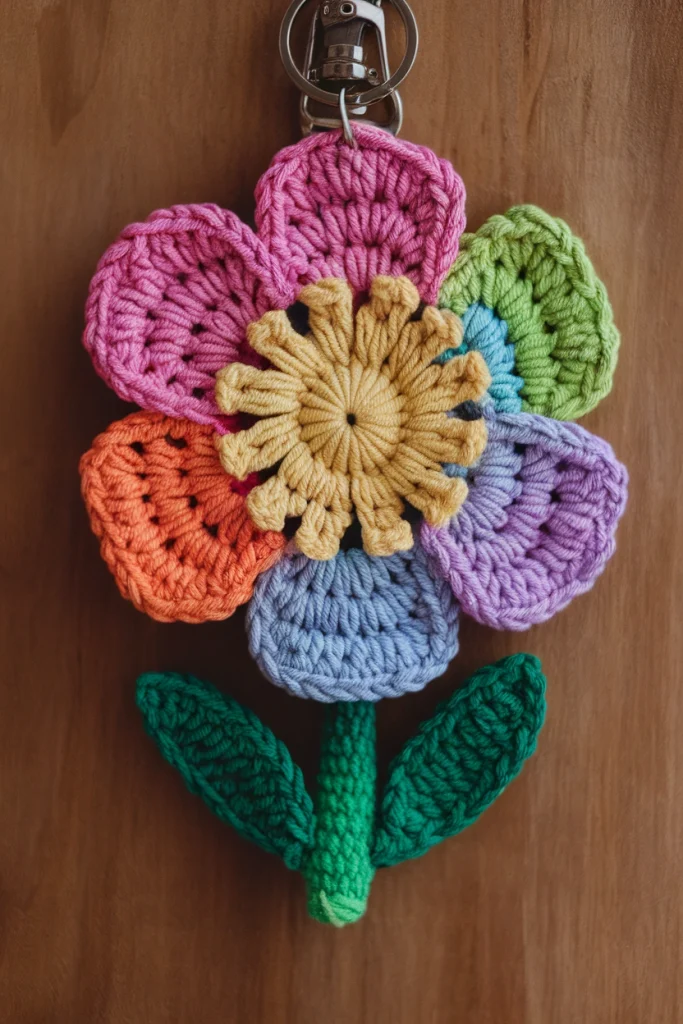A photo of a crocheted flower keychain b j2aOn9aiVW2uh HFrJzCmA SJK6kGRrTymg HB5UMzerg