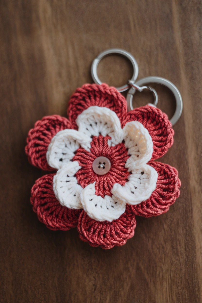Colorful crocheted flower keychain