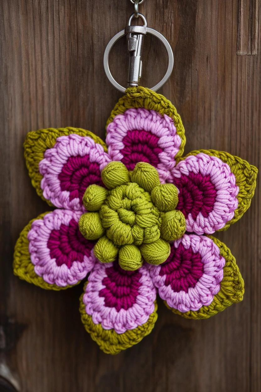 Crochet flower keychain with textured stitches