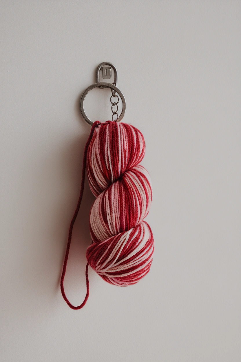 A photo of a yarn skein keychain the yar UD1wGFM5WXCiqTg5HCCwzA hI2rvNb1QaSHIci YUP Wg