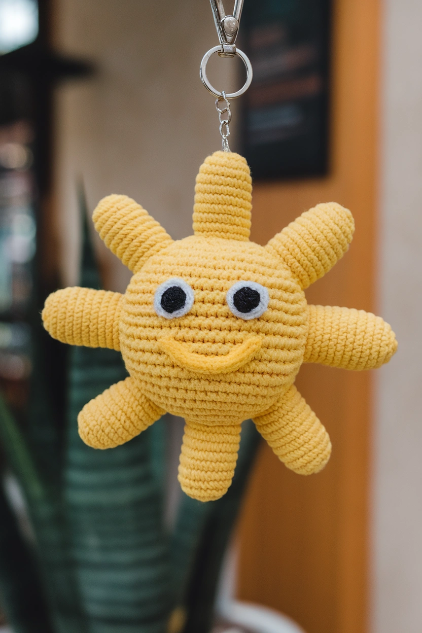 Yellow crochet sun keychain