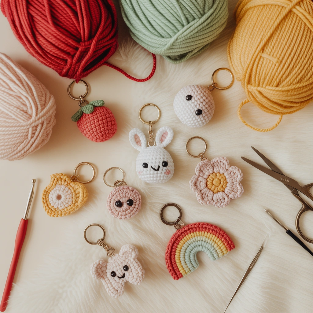 Warm flat lay of colorful handmade crochet keychains